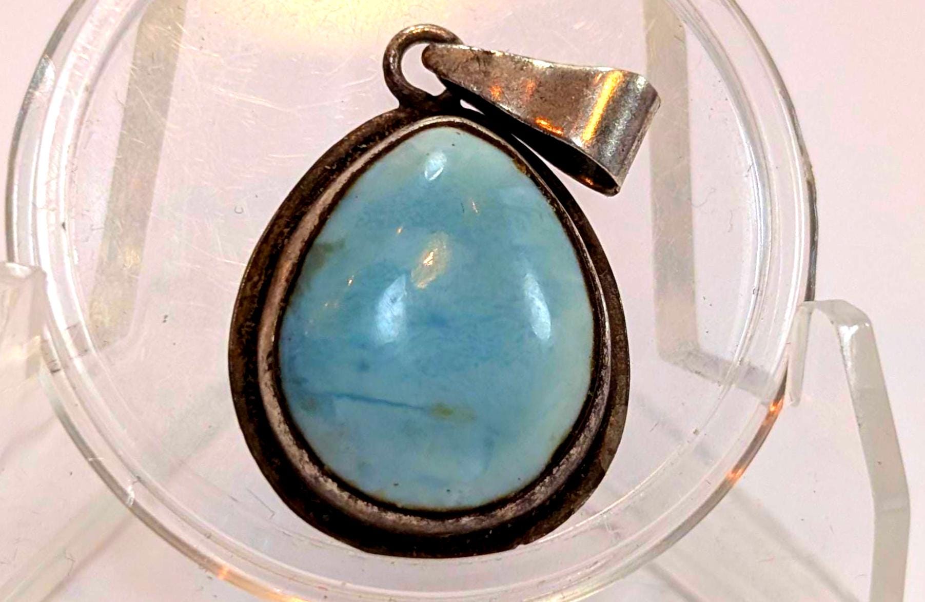 Sterling Larimar Stone Teardrop Pendant - Tested Sterling Silver - Dominican Republic Jewelry