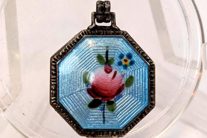 Antique Sterling Guilloche Enamel Rose Charm - Stamped and Tested Sterling Silver - Art Deco - Art Nouveau