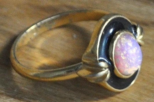 Avon Gold-Tone Ring with Black Enamel and Faux Fire Opal - Antique Faux Fire Opal Gold Toned Ring