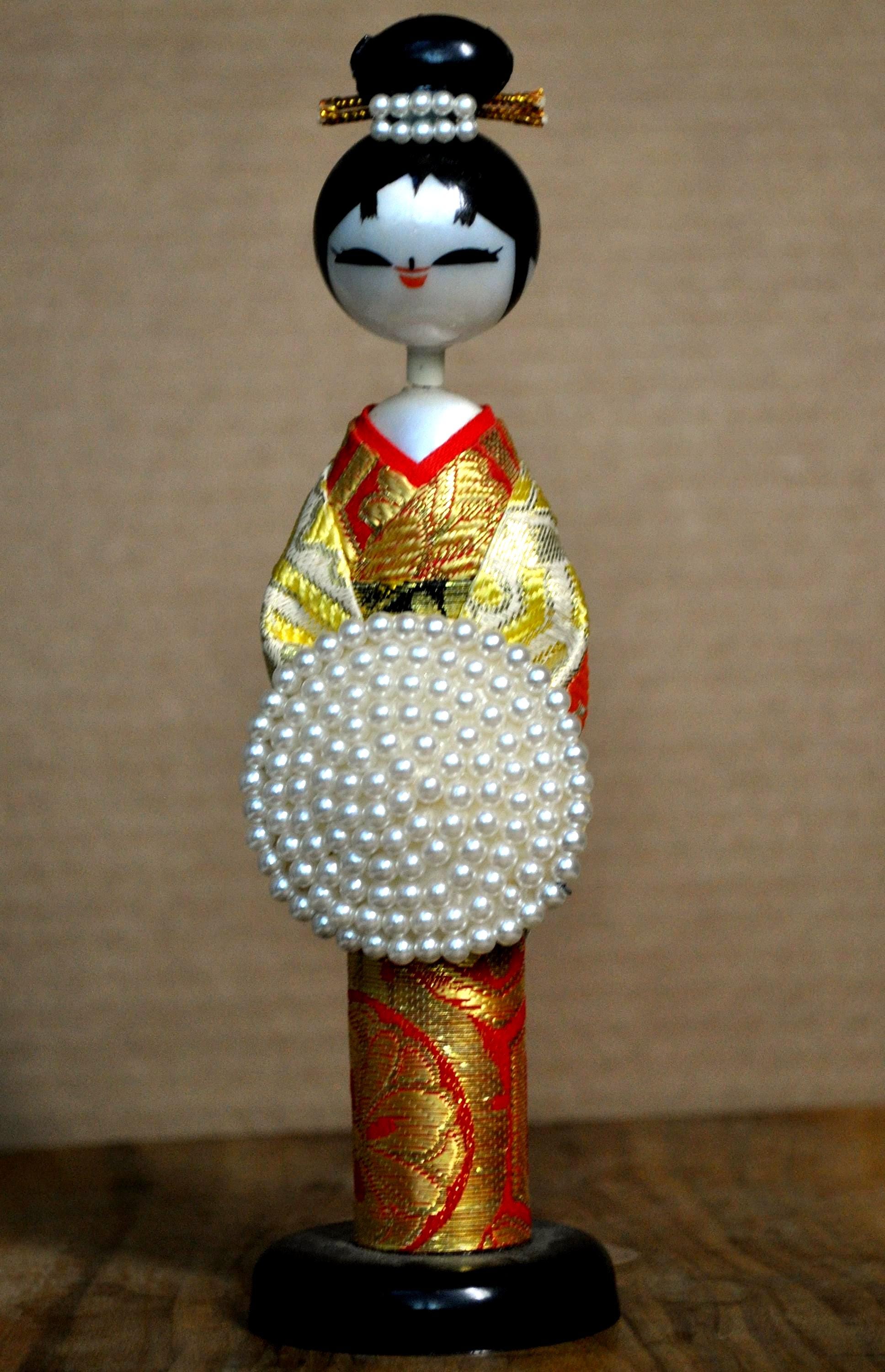 Antique Japanese Kokeshi Doll Hand Painted Faux Pearls - Japanese Kokeshi Vintage Handmade Doll