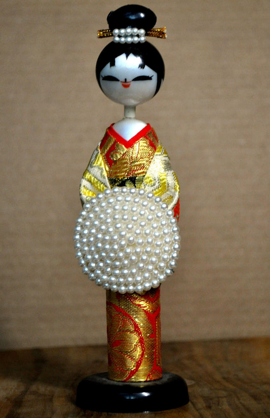 Antique Japanese Kokeshi Doll Hand Painted Faux Pearls - Japanese Kokeshi Vintage Handmade Doll