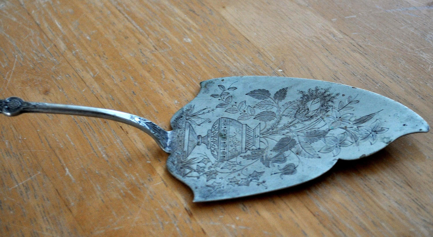 Antique Silverware Cake Server -Victorian Engraved Pie Server - Vintage Floral Motif Pastry Server