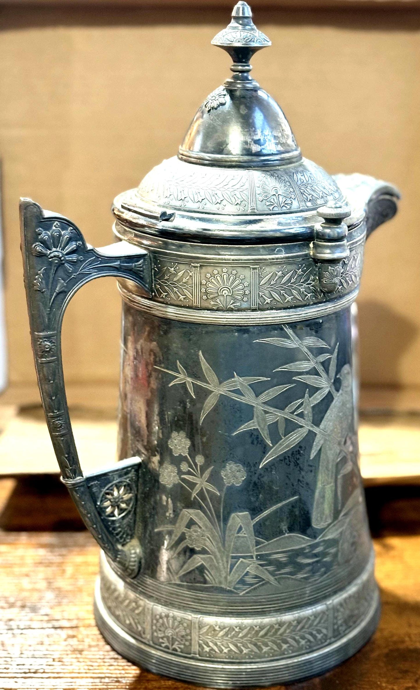 Antique 19th Century Reed & Barton Silver Plate Ice Water Pitcher, Ceramic Lined - Reed and Barton 1868 Patent Victorian Silver Water Server