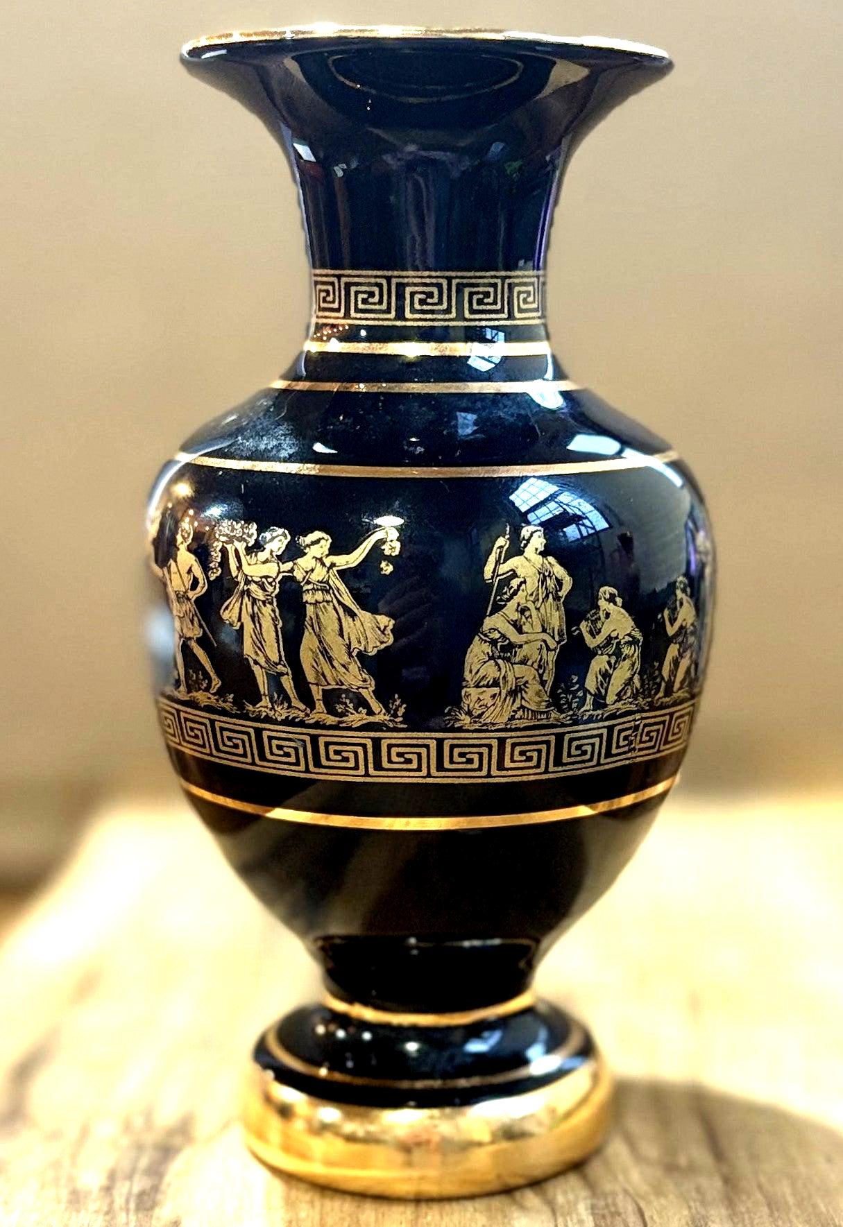 Hand-made Greek Vase with 24k Gold Accents - Black Ceramic Greek Vase with Gold Figurines