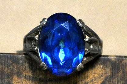 Vintage Cobalt Blue Glass Sterling Ring - Antique Style Silver Blue Glass Statement Ring Sz 12