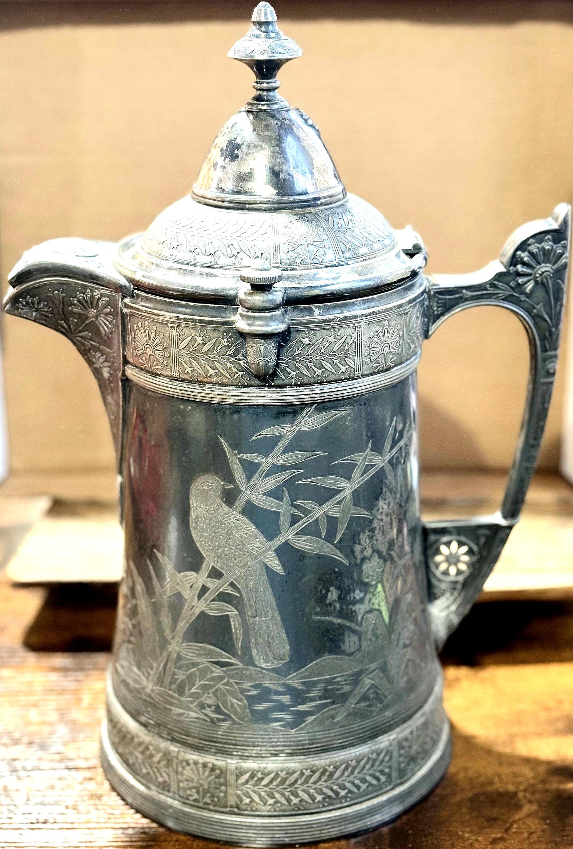 Antique 19th Century Reed & Barton Silver Plate Ice Water Pitcher, Ceramic Lined - Reed and Barton 1868 Patent Victorian Silver Water Server