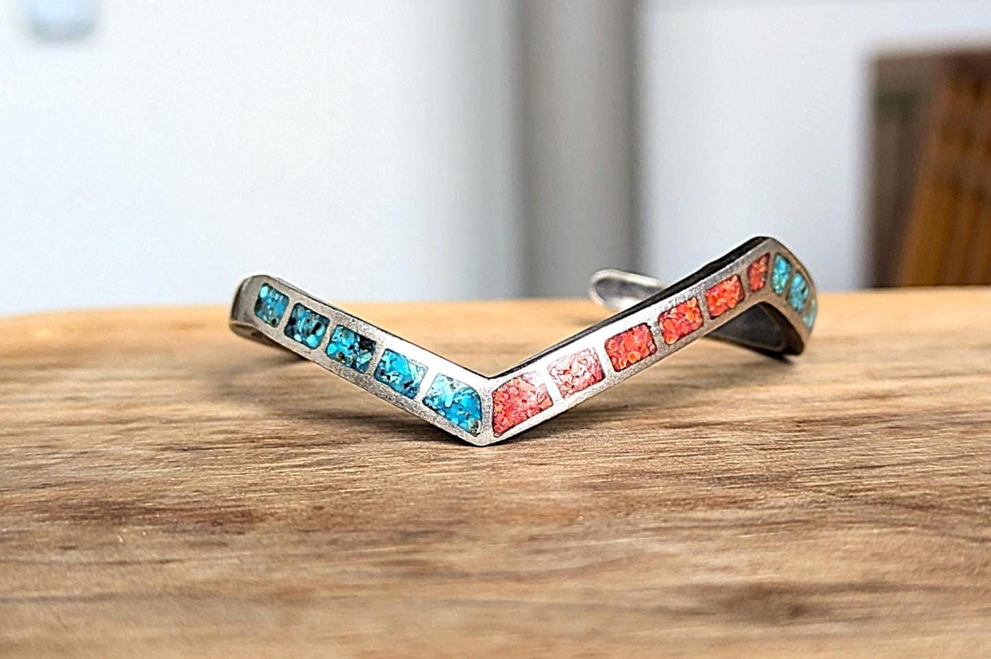 Vintage Small Sterling Silver Native Southwest Turquoise & Coral Chip Inlay Cuff Bracelet - Zig-Zag Design Cuff Bracelet - Petite Bracelet