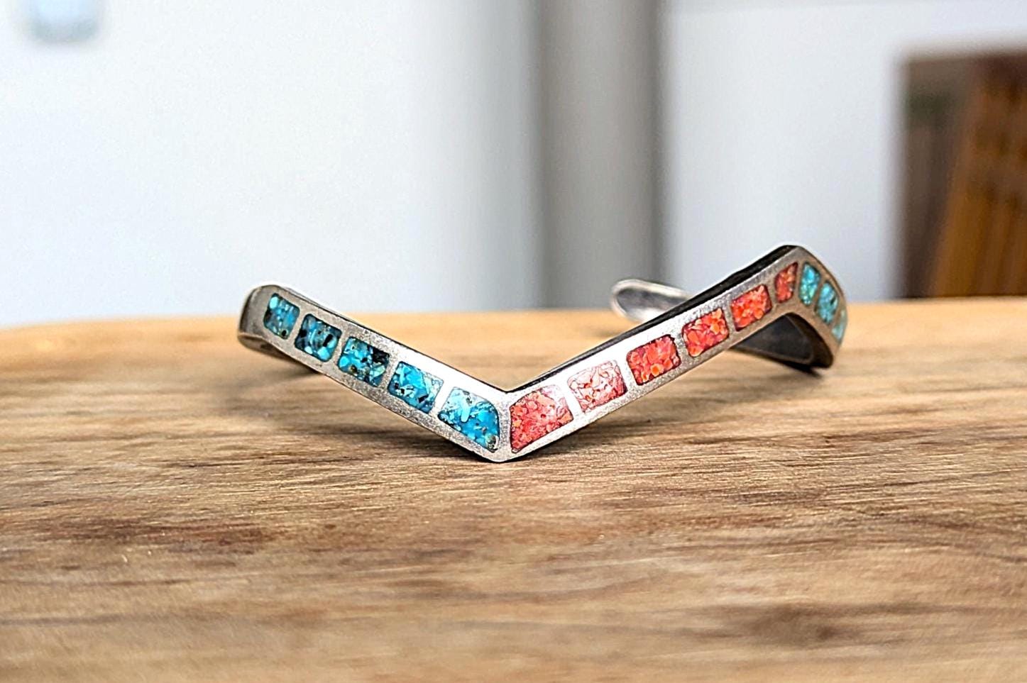 Vintage Small Sterling Silver Native Southwest Turquoise & Coral Chip Inlay Cuff Bracelet - Zig-Zag Design Cuff Bracelet - Petite Bracelet