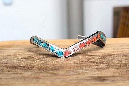Vintage Small Sterling Silver Native Southwest Turquoise & Coral Chip Inlay Cuff Bracelet - Zig-Zag Design Cuff Bracelet - Petite Bracelet