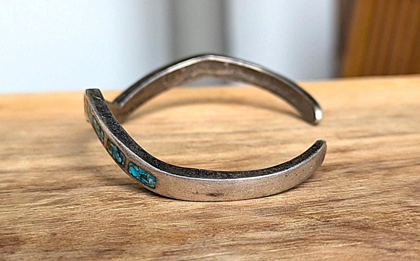 Vintage Small Sterling Silver Native Southwest Turquoise & Coral Chip Inlay Cuff Bracelet - Zig-Zag Design Cuff Bracelet - Petite Bracelet