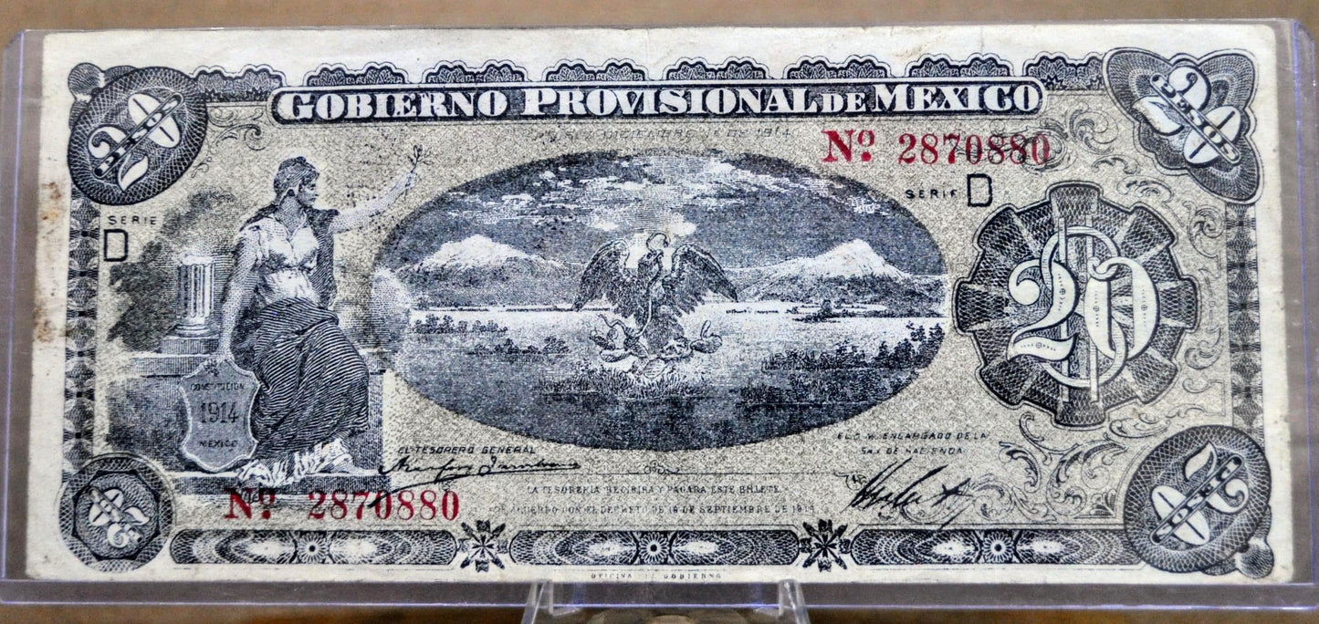 1914 Gobierno Provisional Veracruz 20 Peso Note - Series D, Double Seal Reverse - 1914 Mexico Revolution Twenty Pesos Banknote - P#S1111a