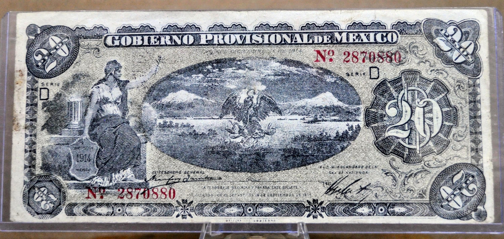 1914 Gobierno Provisional Veracruz 20 Peso Note - Series D, Double Seal Reverse - 1914 Mexico Revolution Twenty Pesos Banknote - P#S1111a