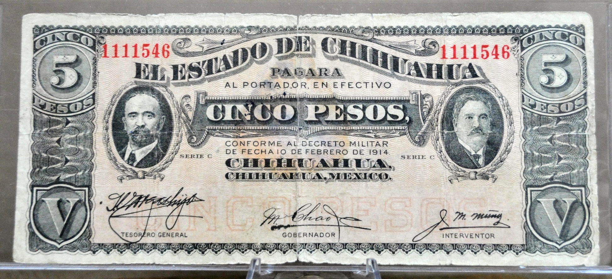 1914 Chihuahua Revolutionary 5 Pesos Note - Series C - Choose by Seal Type - 1914 Mexico Revolution Five Pesos Note - P#S531d P#S531f