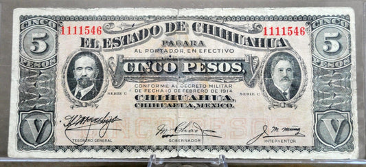 1914 Chihuahua Revolutionary 5 Pesos Note - Series C - Choose by Seal Type - 1914 Mexico Revolution Five Pesos Note - P#S531d P#S531f