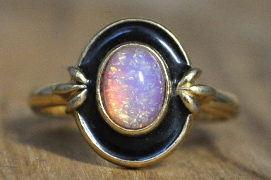Avon Gold-Tone Ring with Black Enamel and Faux Fire Opal - Antique Faux Fire Opal Gold Toned Ring