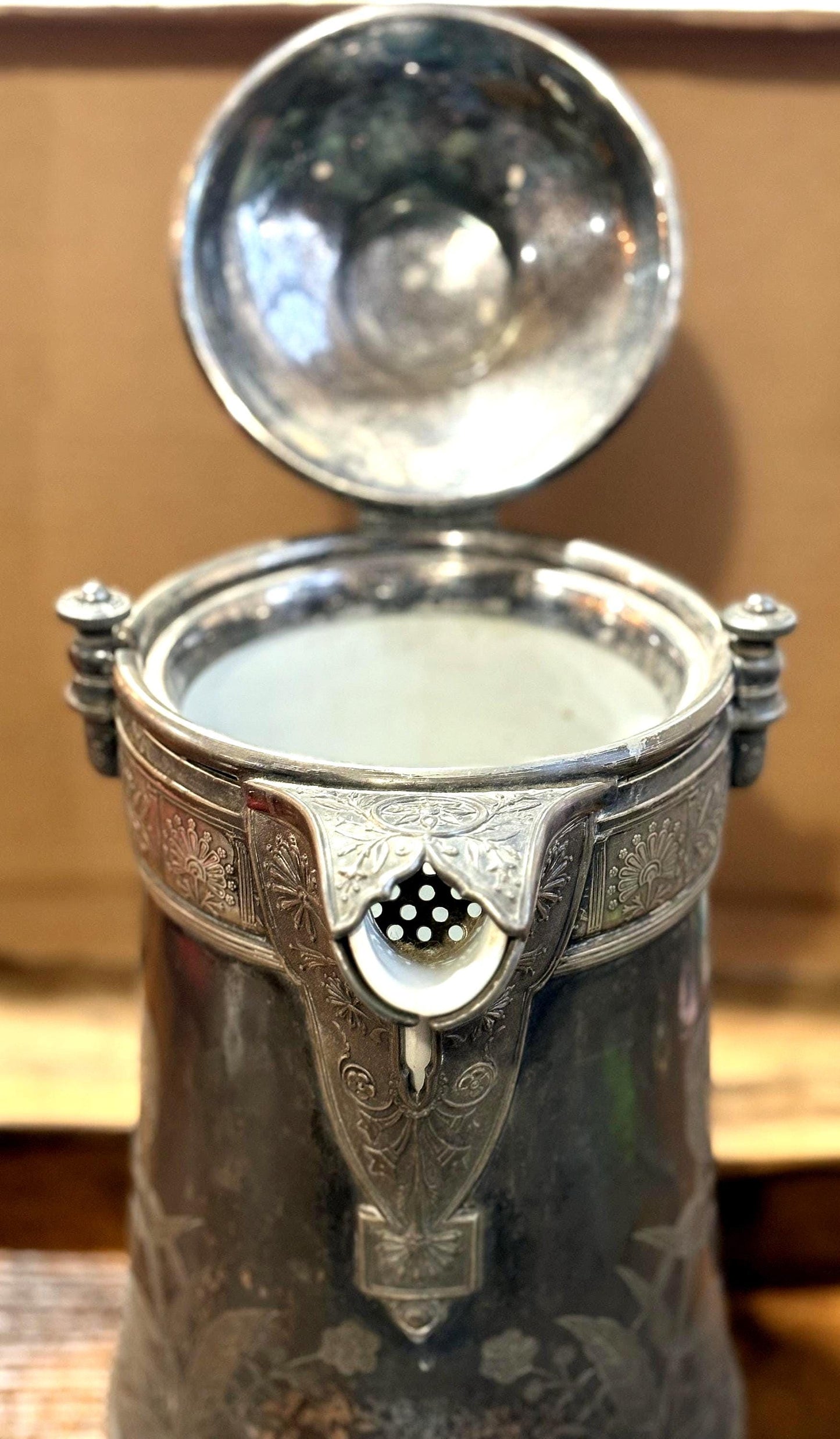 Antique 19th Century Reed & Barton Silver Plate Ice Water Pitcher, Ceramic Lined - Reed and Barton 1868 Patent Victorian Silver Water Server