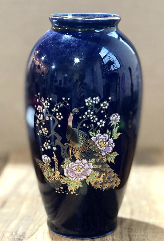 Vintage Japanese Cobalt Blue Porcelain Vase - Unique Antique Japanese Vase Blue Gold Trim Peacock Flowers