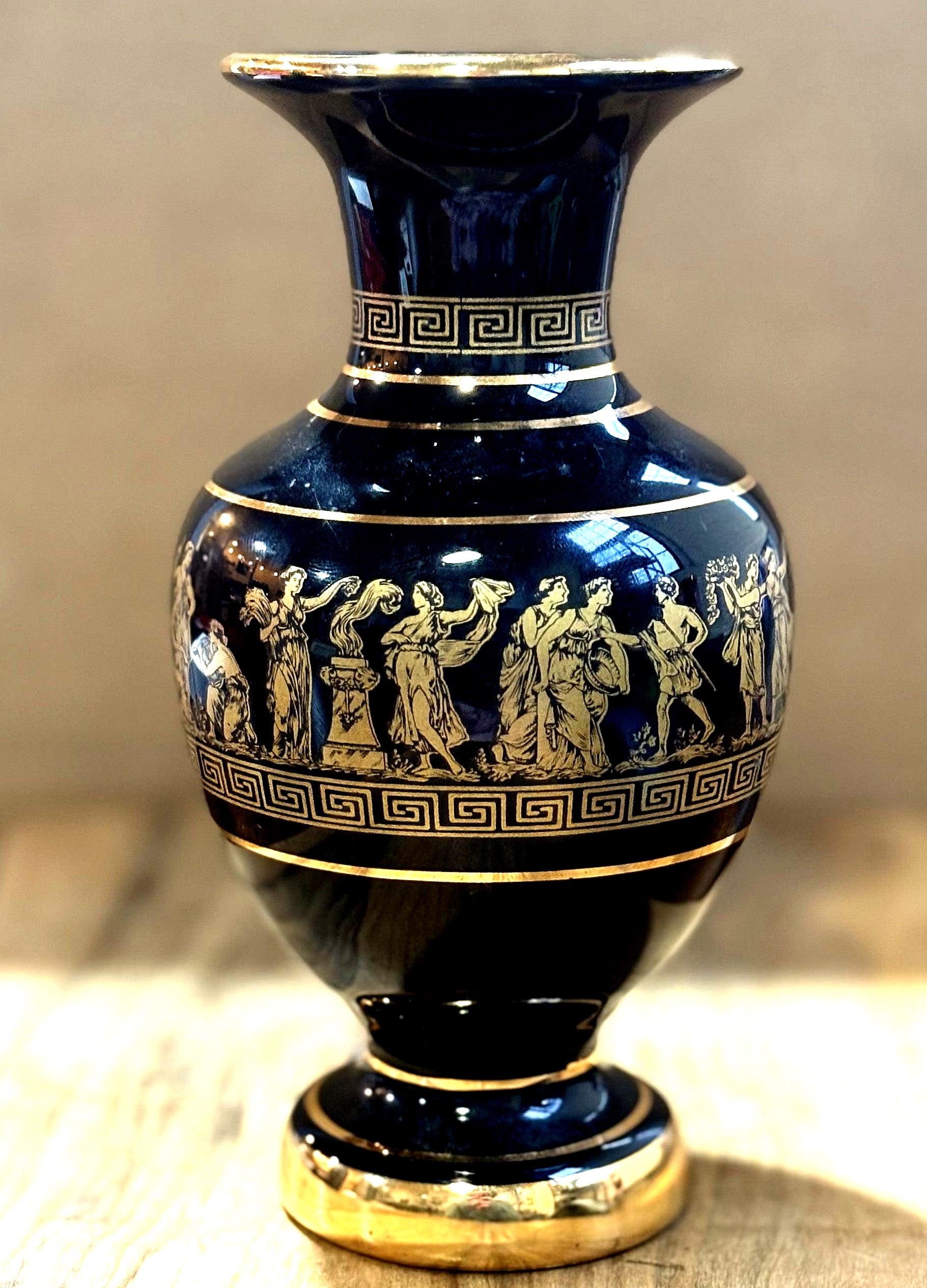 Hand-made Greek Vase with 24k Gold Accents - Black Ceramic Greek Vase with Gold Figurines