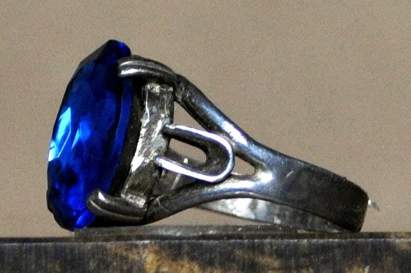 Vintage Cobalt Blue Glass Sterling Ring - Antique Style Silver Blue Glass Statement Ring Sz 12