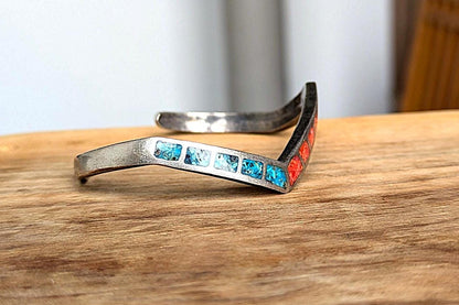Vintage Small Sterling Silver Native Southwest Turquoise & Coral Chip Inlay Cuff Bracelet - Zig-Zag Design Cuff Bracelet - Petite Bracelet