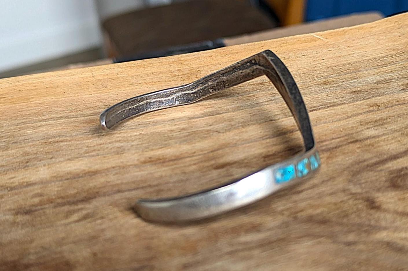 Vintage Small Sterling Silver Native Southwest Turquoise & Coral Chip Inlay Cuff Bracelet - Zig-Zag Design Cuff Bracelet - Petite Bracelet