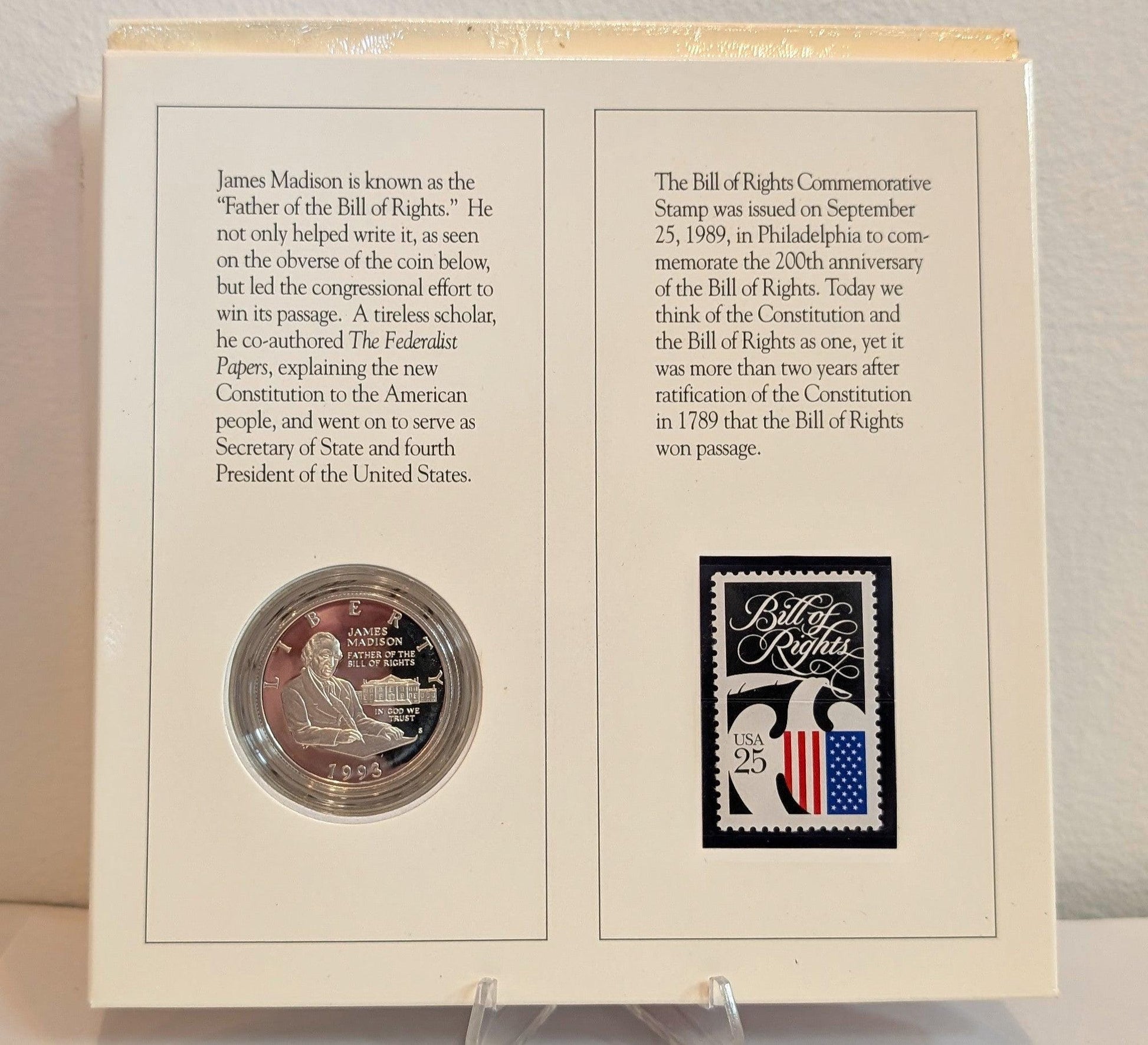 1993 Bill of Rights Commemorative Coin & Stamp Set US Mint - James Madison 90% Silver Half Dollar and Stamp Set