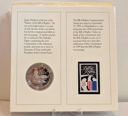 1993 Bill of Rights Commemorative Coin & Stamp Set US Mint - James Madison 90% Silver Half Dollar and Stamp Set