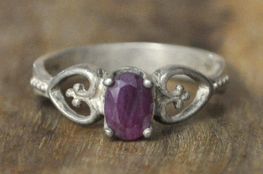 Vintage Sterling Silver Sweetheart Ring with Oval Ruby Size 8 - Vintage Fleur de Lis and Heart Ruby Ring