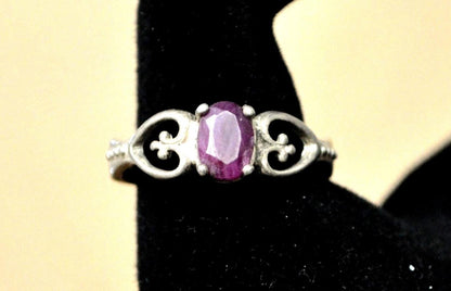 Vintage Sterling Silver Sweetheart Ring with Oval Ruby Size 8 - Vintage Fleur de Lis and Heart Ruby Ring