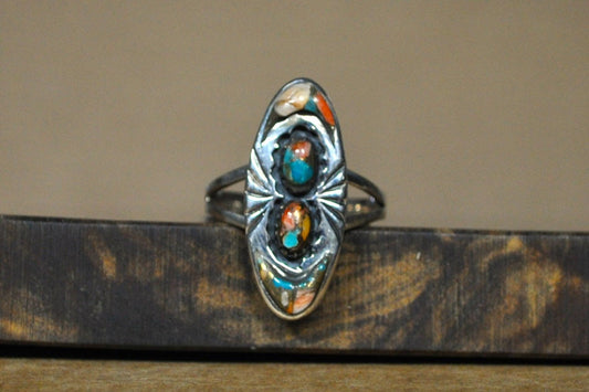 Santa Fe Spiny Turquoise and Coral Ring - Size 10 - Stamped and Tested Sterling Silver - Native Southwest Jewelry