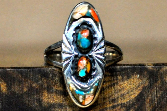 Santa Fe Spiny Turquoise and Coral Ring - Size 10 - Stamped and Tested Sterling Silver - Native Southwest Jewelry