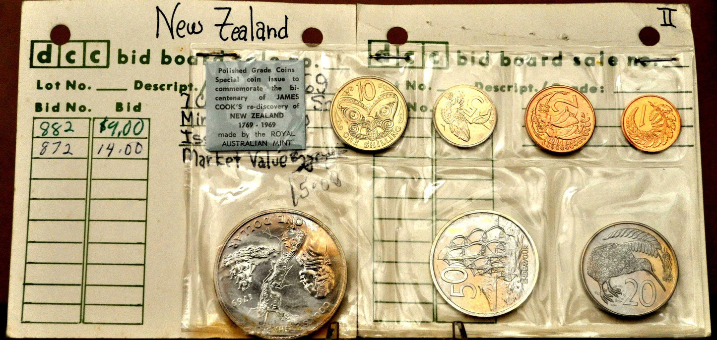 1969 New Zealand Cook Commemorative 7-Coin Specimen Set - Captain Cook Bicentenary Commemorative Coin Issue (1769–1969)