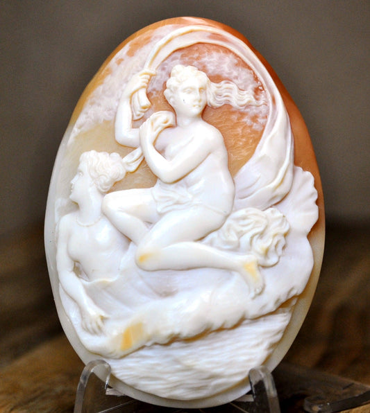 Authentic Victorian Unmounted Cameo Psyche and Aphrodite Greek Mythology Scene - Large Antique 1800s Psyche and Venus Flying Shell Cameo