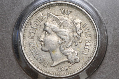 1867 Three Cent Nickel US Coin - Choose by Grade / Condition - Civil War Era - 3 Cent Nickel 1867