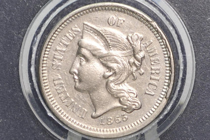 1865 Three Cent Nickel - Choose by Grade - Civil War Era Three-Cent 1865 3 Cent Coin - Nickel Composition