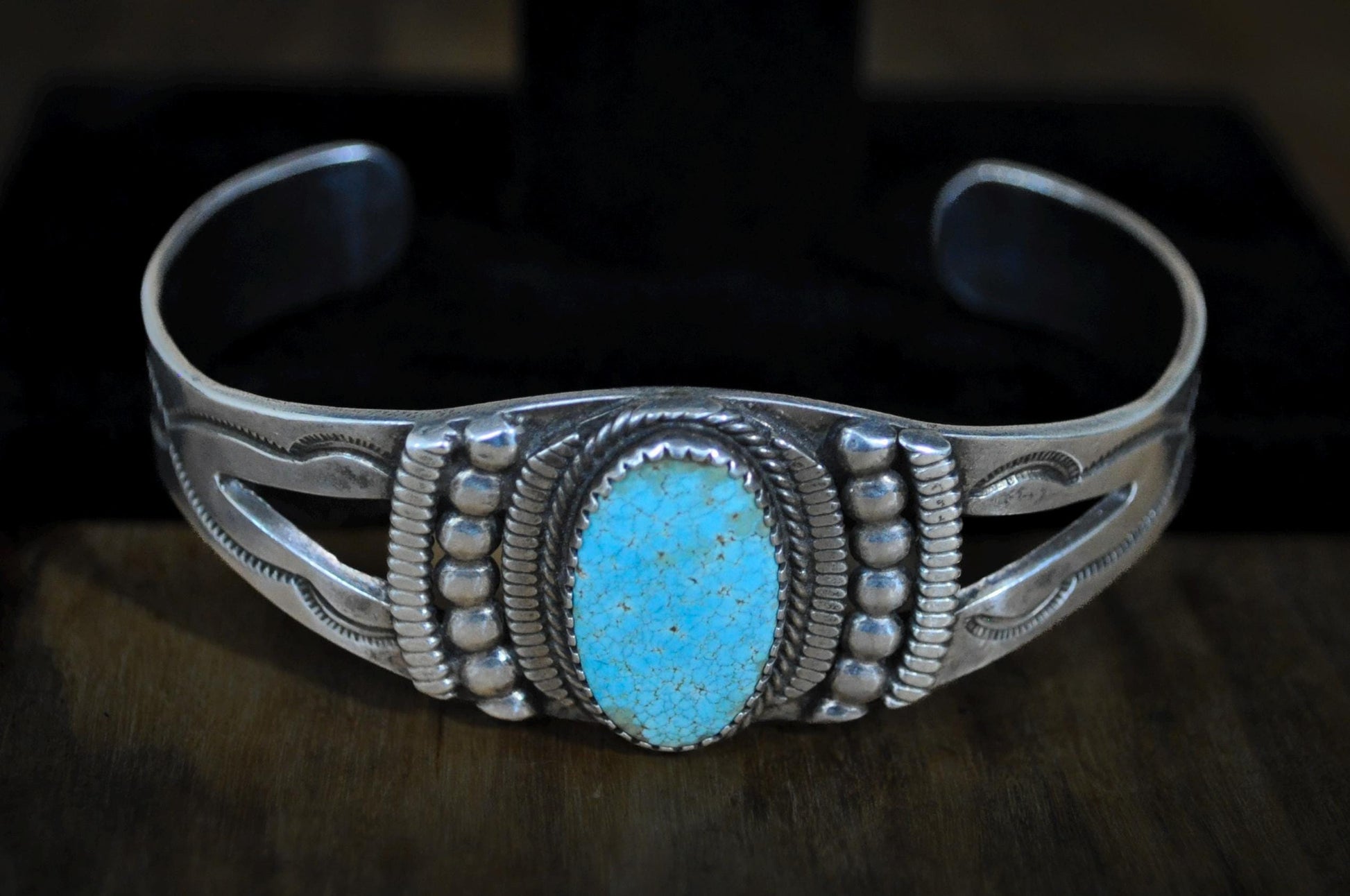 Navajo Hand-Stamped Sterling Silver & Turquoise Cuff Bracelet - Handcrafted Navajo Sterling Silver Cuff with Oval Kingman Turquoise