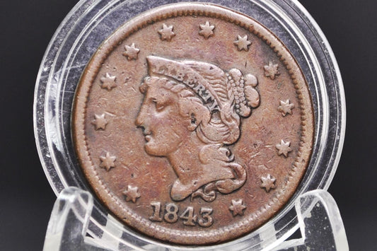 1843 Braided Hair Large Cent - Petite Head, Small Letter - 1843 Coronet Cent - 1843 US Large Cent - Braided Hair 1839 to 1857