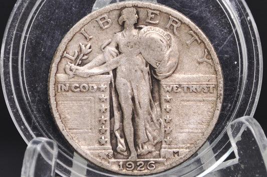 1926 S Standing Liberty Quarter - VG - 1926-S Standing Liberty Silver Quarter - San Francisco Mint Mark