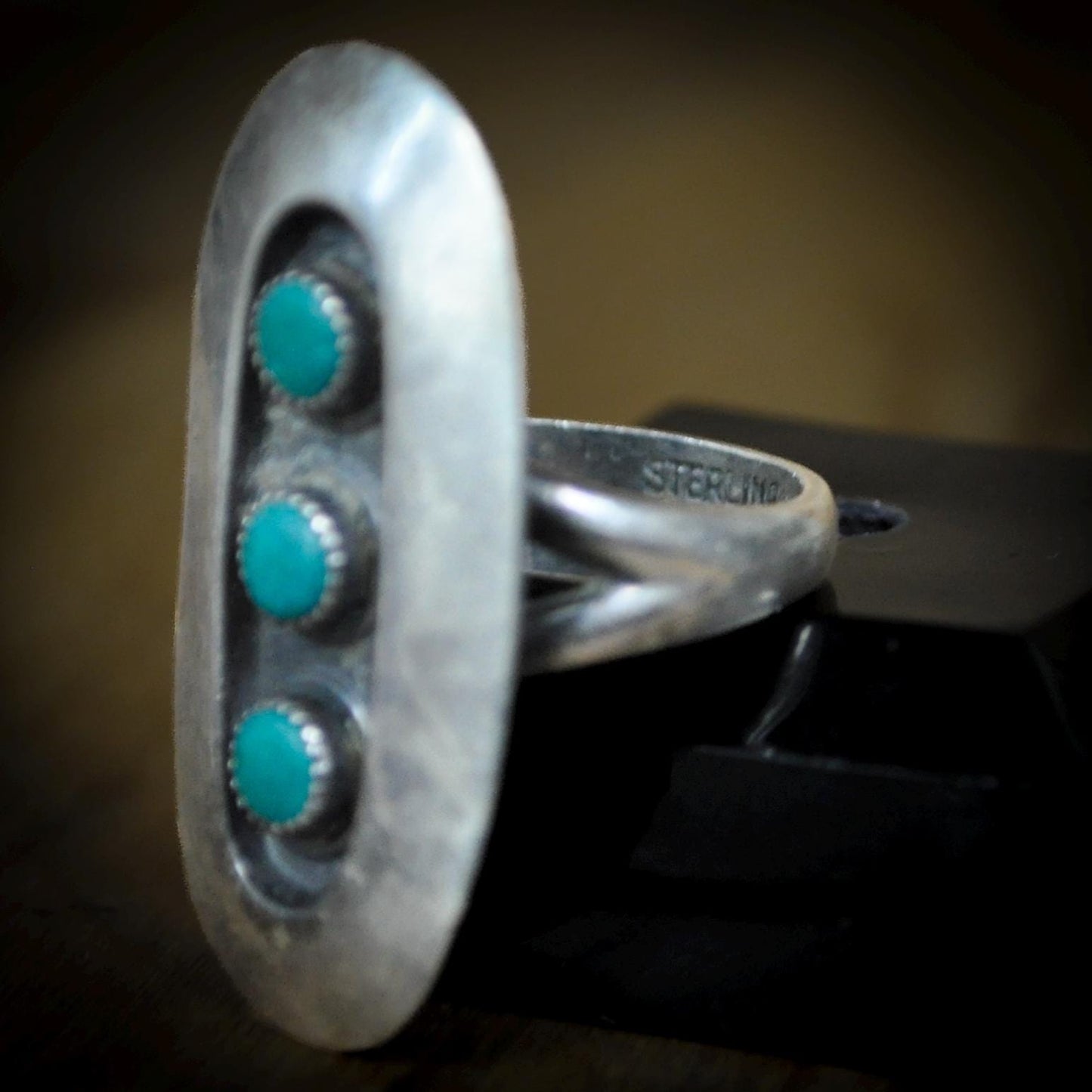 Vintage Navajo Sterling Silver 3-Stone Turquoise Shadowbox Ring Size 6.5 - Handcrafted Native American Style Turquoise Shield Ring, Size 6.5