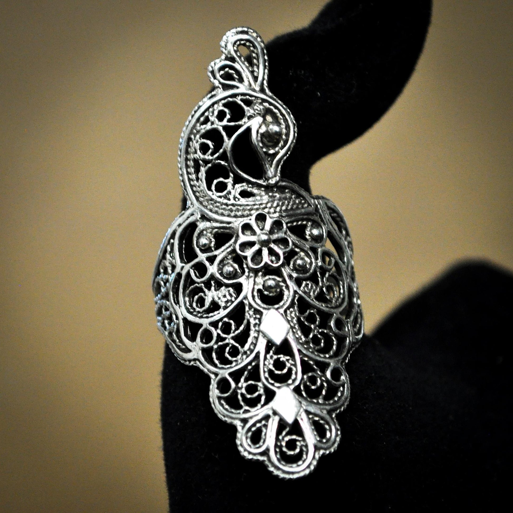 Handcrafted Turkish Filigree Peacock Statement Ring in 925 Sterling Silver - Intricate Large Peacock 925 Sterling Silver Statement Ring Size