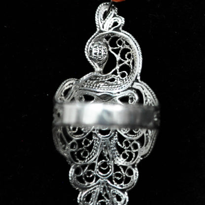 Handcrafted Turkish Filigree Peacock Statement Ring in 925 Sterling Silver - Intricate Large Peacock 925 Sterling Silver Statement Ring Size