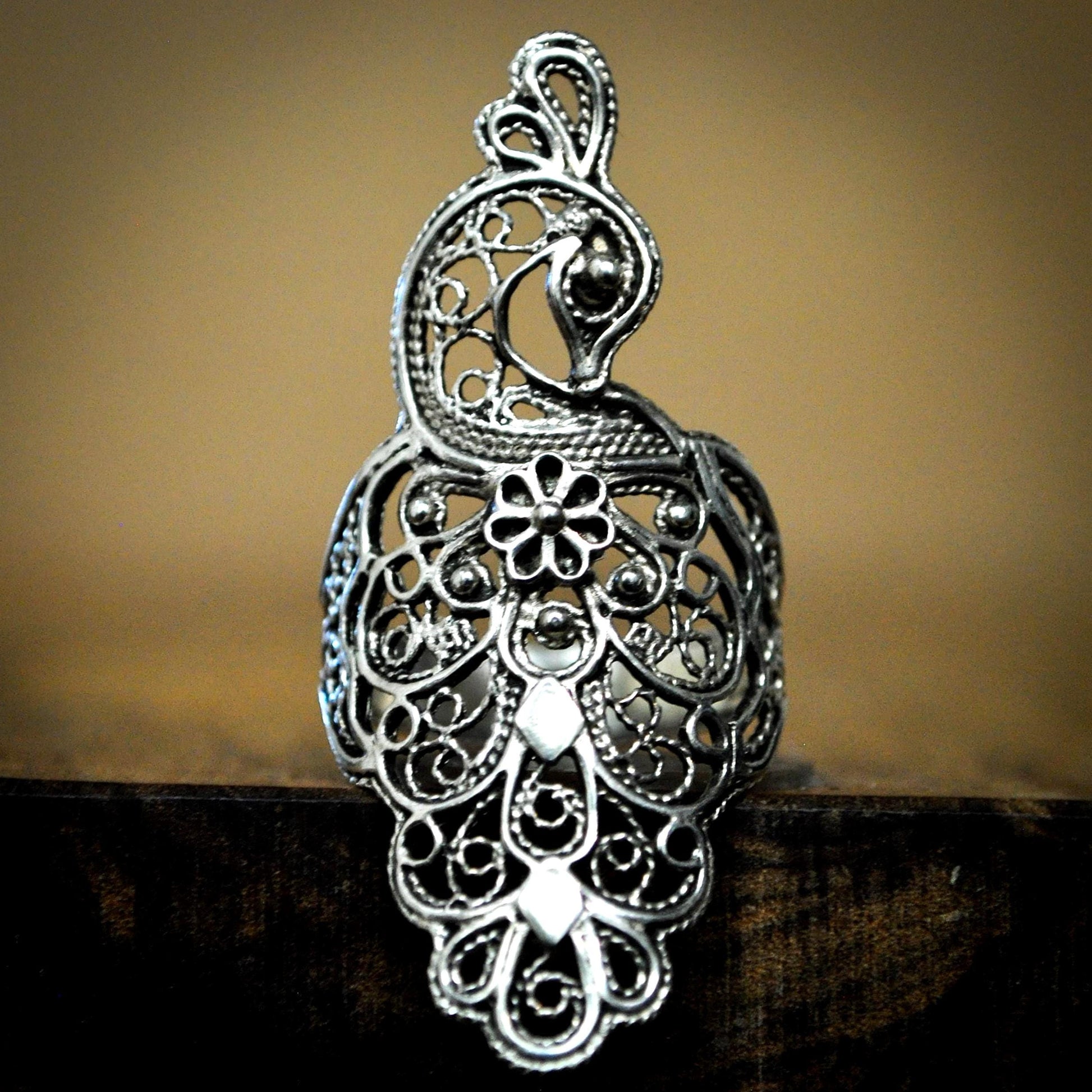Handcrafted Turkish Filigree Peacock Statement Ring in 925 Sterling Silver - Intricate Large Peacock 925 Sterling Silver Statement Ring Size