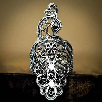 Handcrafted Turkish Filigree Peacock Statement Ring in 925 Sterling Silver - Intricate Large Peacock 925 Sterling Silver Statement Ring Size