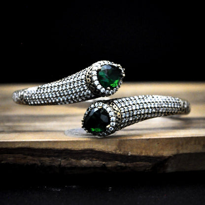 Antique Silver-Tone Turkish Bangle featuring Pavé Accents and Green Stones - Vintage-Inspired Teardrop Green Stone Open Bangle with Textured