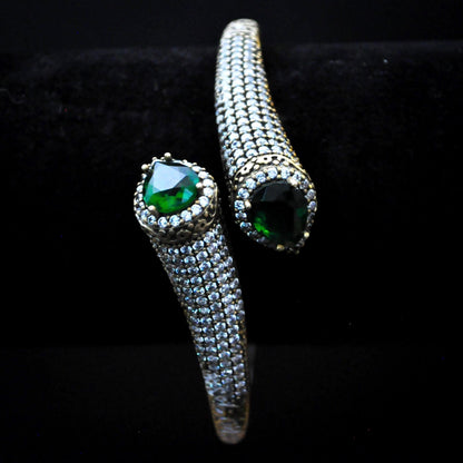 Antique Silver-Tone Turkish Bangle featuring Pavé Accents and Green Stones - Vintage-Inspired Teardrop Green Stone Open Bangle with Textured