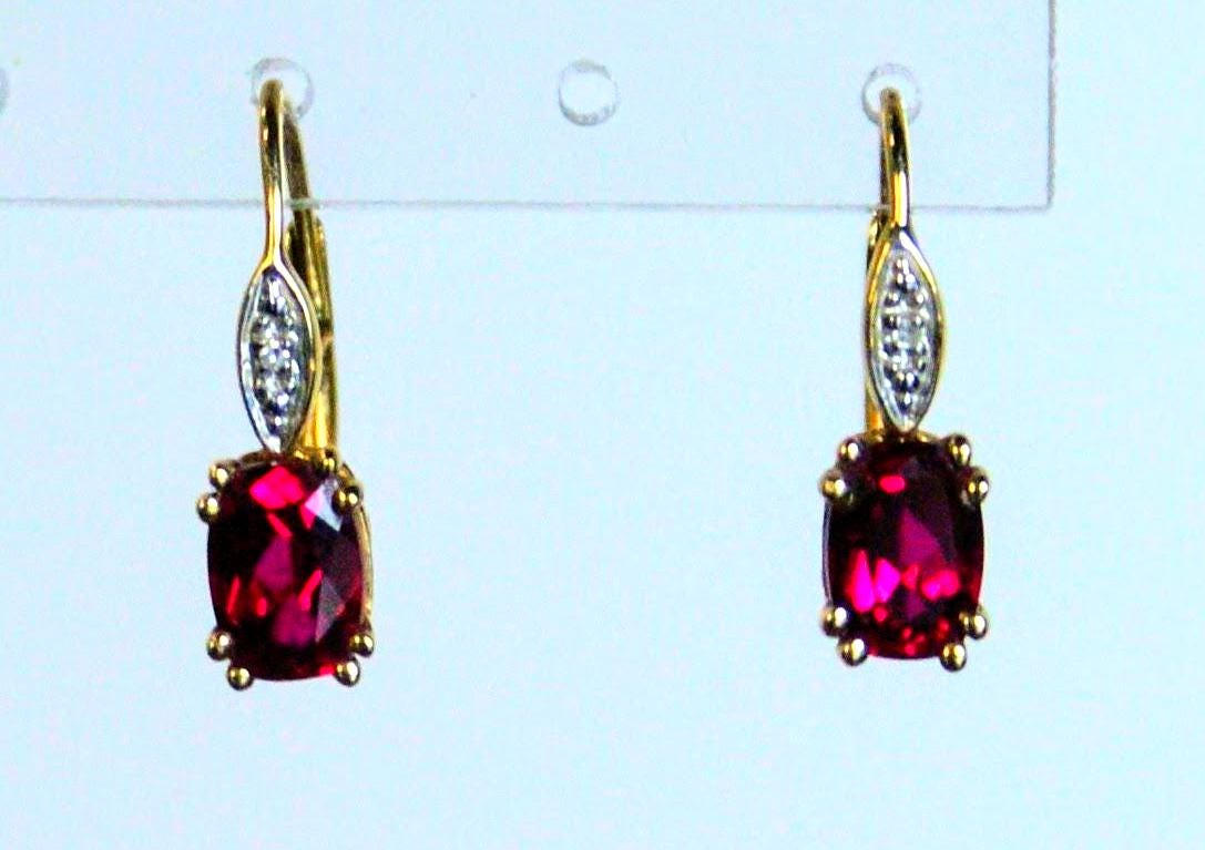 14K Gold Oval Cut Ruby and Small Diamond Accent Lever Back Drop Earrings - Bright Red Rubies - 14K Yellow Gold Ruby Earrings