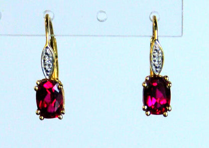 14K Gold Oval Cut Ruby and Small Diamond Accent Lever Back Drop Earrings - Bright Red Rubies - 14K Yellow Gold Ruby Earrings