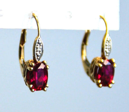 14K Gold Oval Cut Ruby and Small Diamond Accent Lever Back Drop Earrings - Bright Red Rubies - 14K Yellow Gold Ruby Earrings