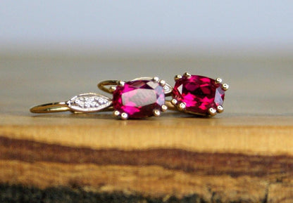 14K Gold Oval Cut Ruby and Small Diamond Accent Lever Back Drop Earrings - Bright Red Rubies - 14K Yellow Gold Ruby Earrings