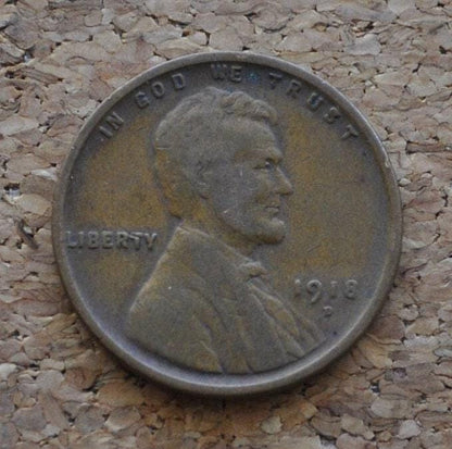 1918-D Wheat Penny - VG to F (Very Good to Fine) Grade / Condition - Denver Mint - WWI Era US Cent - 1918 D Wheat Ear Cent - 1918D